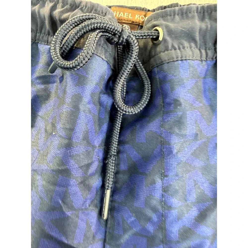 Michael Kors Mens Navy Blue Monogram Logo Swim Trunks Shorts Size L Drawstring